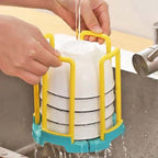 1pc Adjustable Kitchen Dish Rack, Rotatable Multi-Functional Bowl Storage Organizer, Plastic Material, with 4pcs Double-Layer Steel Wire Dish Cloths and Draining System