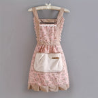 Floral Lace Princess Apron with Hand Wipe Pocket - Polyester, Adjustable Straps, Ruffled Hem, Ideal for Kitchen, Living Room, Bathroom Cleaning | Available in Pink & Green