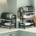 1pc Large Kitchen Double Layer Storage Rack, Quick Drain Multi Layer Storage, with Knife and Fork Holder, Cutting Board Holder, No Wet Tabletop - Multifunctional Tableware Rack, Suitable for Bowls, Plates and Tableware, etc