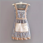 Floral Lace Princess Apron with Hand Wipe Pocket - Polyester, Adjustable Straps, Ruffled Hem, Ideal for Kitchen, Living Room, Bathroom Cleaning | Available in Pink & Green