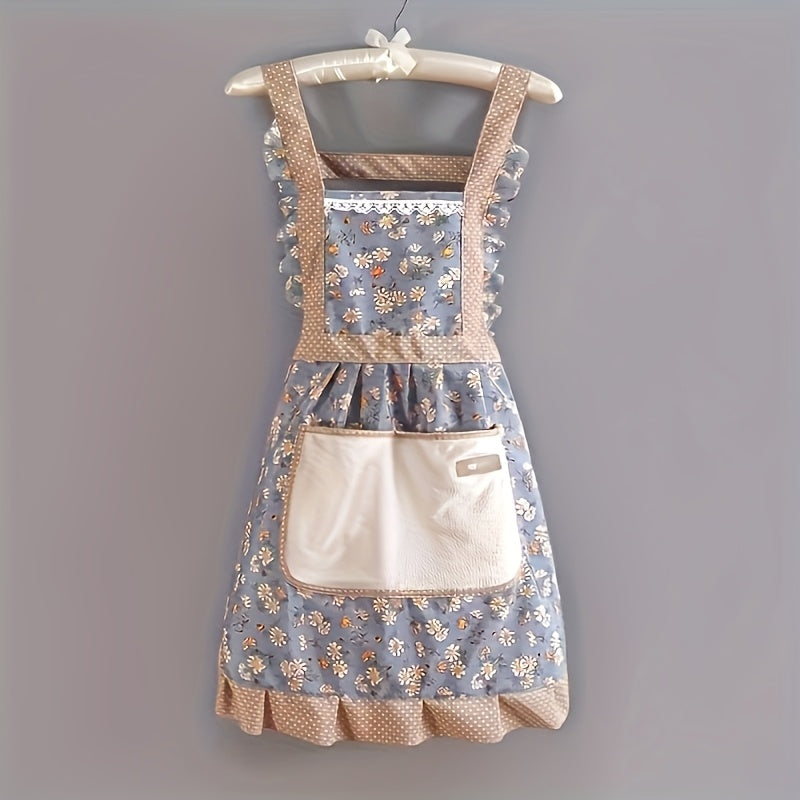 Floral Lace Princess Apron with Hand Wipe Pocket - Polyester, Adjustable Straps, Ruffled Hem, Ideal for Kitchen, Living Room, Bathroom Cleaning | Available in Pink & Green