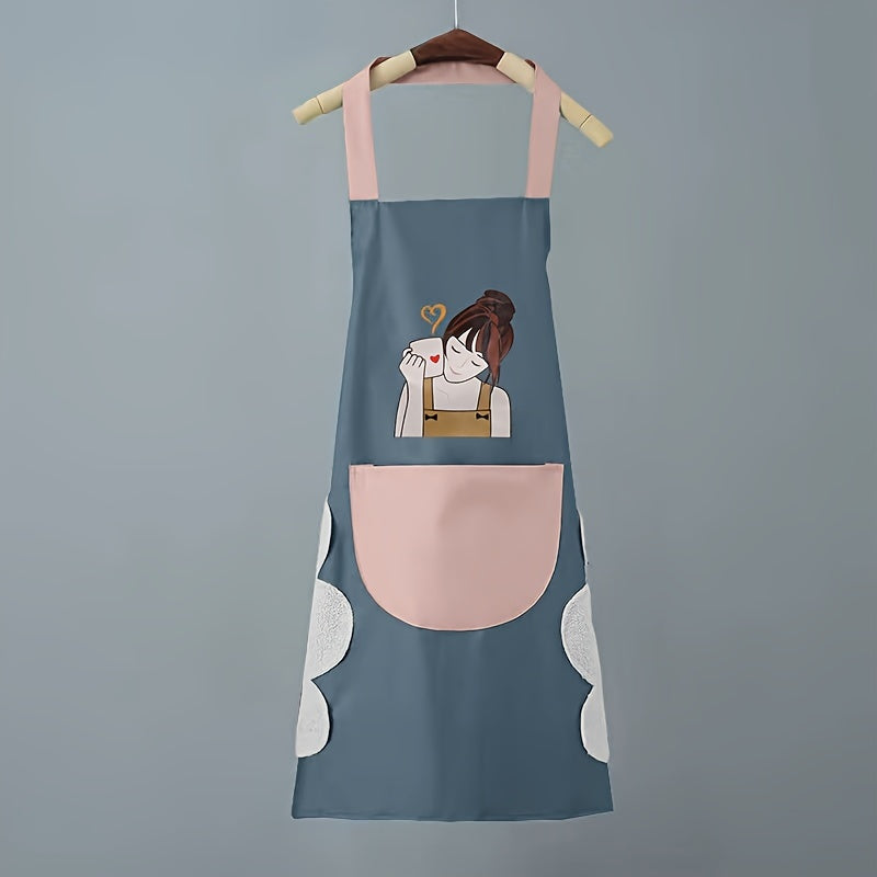 1pc Scratchable Kitchen Apron - Oil & High Quality PVC with Adjustable Neck Strap, Cute Cartoon Character Design & Cloud Pocket - Durable Easy-Clean for Cooking Baking Grilling (Blue & Pink), Grilling Apparel | Easyclean Material