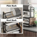 1pc Large Kitchen Double Layer Storage Rack, Quick Drain Multi Layer Storage, with Knife and Fork Holder, Cutting Board Holder, No Wet Tabletop - Multifunctional Tableware Rack, Suitable for Bowls, Plates and Tableware, etc