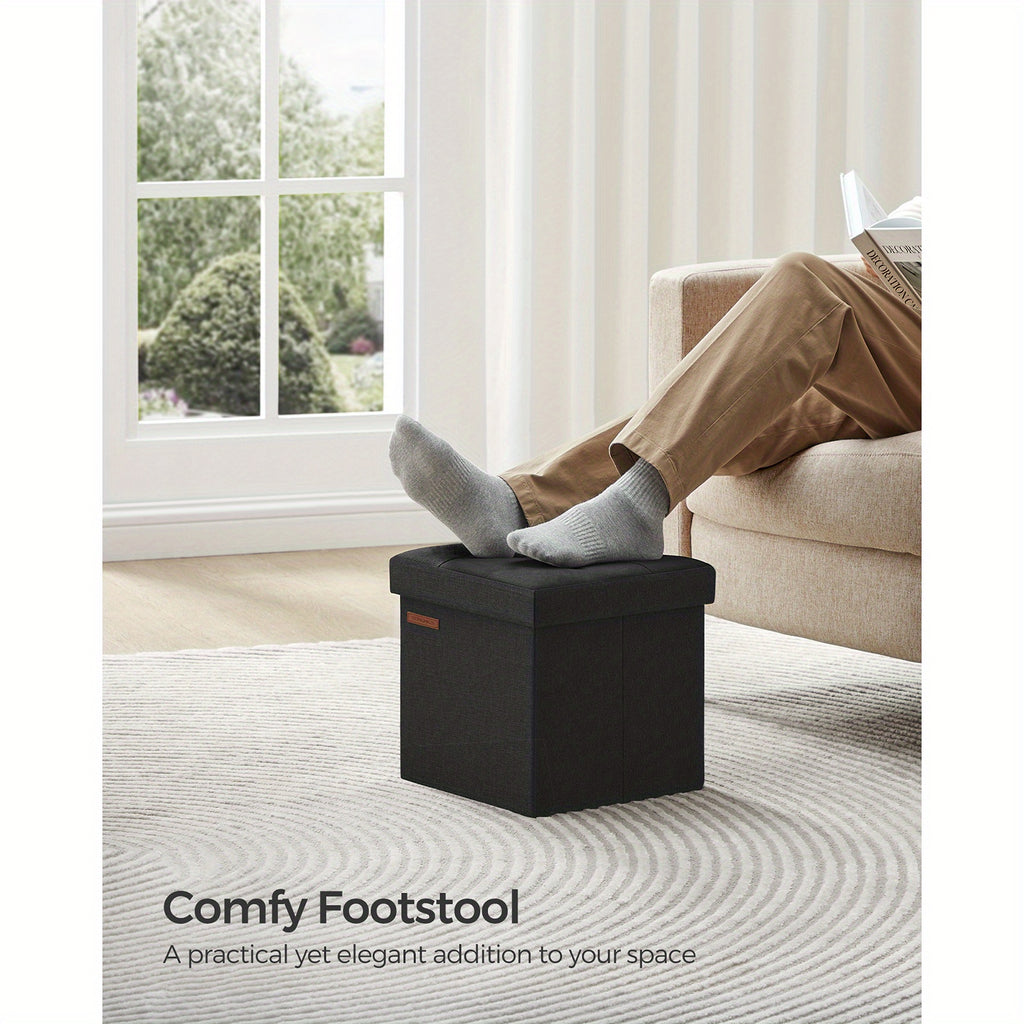 SONGMICS Foldable Storage Ottoman, 11.8 Inch Cube Foot Stool with Sturdy Wooden Frame, Black Compact Footrest for Relaxation and Organization, Supports up to 286 lb