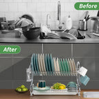 Dual-Tier S-Shaped Stainless Steel Dish Rack - Space-Saving, Countertop Kitchen Organizer for Plates and Bowls, Easy Assembly, Durable Iron Frame, Kitchen Storage Solution|Sleek Metal Rack|Stainless Steel Rack