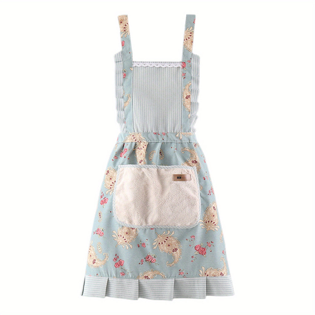 Women Kitchen Aprons Waist Strap Floral Cooking Baking Cleaning Apron with One Big Pocket