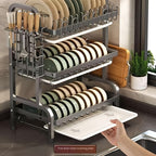 1pc Large Kitchen Double Layer Storage Rack, Quick Drain Multi Layer Storage, with Knife and Fork Holder, Cutting Board Holder, No Wet Tabletop - Multifunctional Tableware Rack, Suitable for Bowls, Plates and Tableware, etc