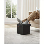 SONGMICS Foldable Storage Ottoman, 11.8 Inch Cube Foot Stool with Sturdy Wooden Frame, Black Compact Footrest for Relaxation and Organization, Supports up to 286 lb